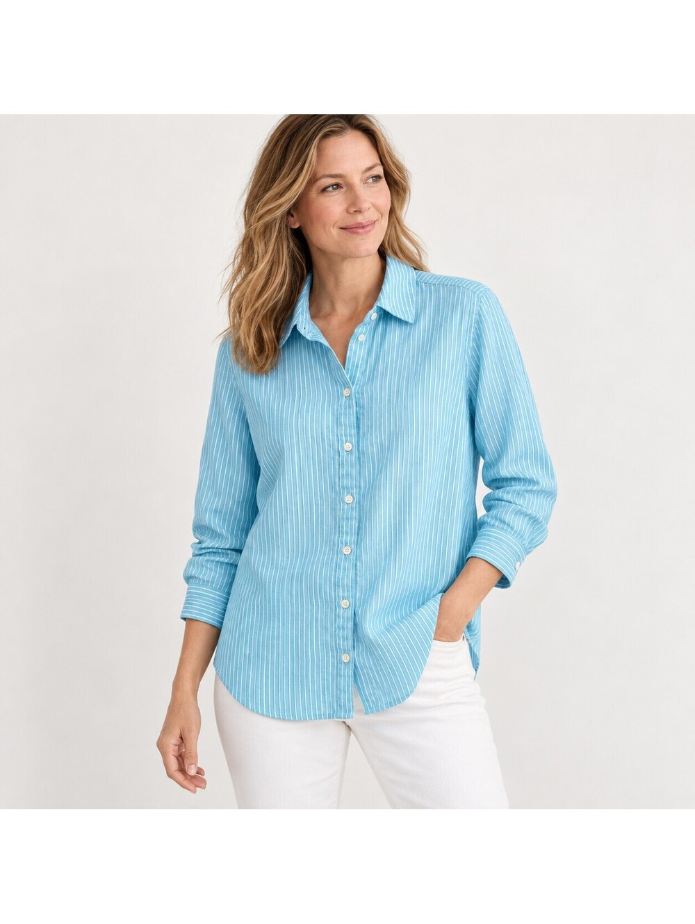 J.Jill Women's Light Blue and White Striped Linen Shirt